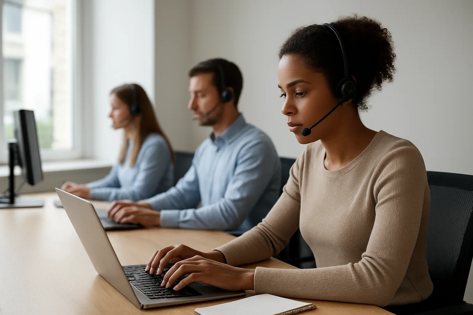 Modernes Büro mit Kundensupport-Team, das Computer nutzt.
